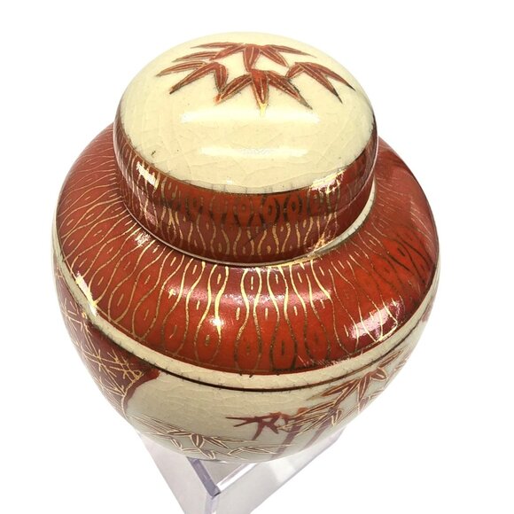 Vintage Japanese Ceramic Ginger Jar With Lid Bamboo Design Rust & Cream JE355 - Picture 2 of 6